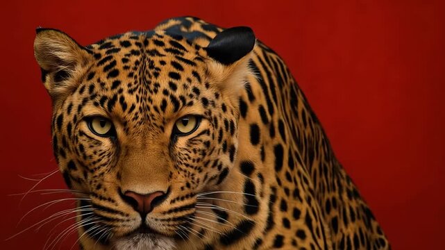 Close-up portrait of a regal leopard staring directly at the viewer with intense golden eyes and intricate rosette-patterned fur, set against a solid deep red backdrop