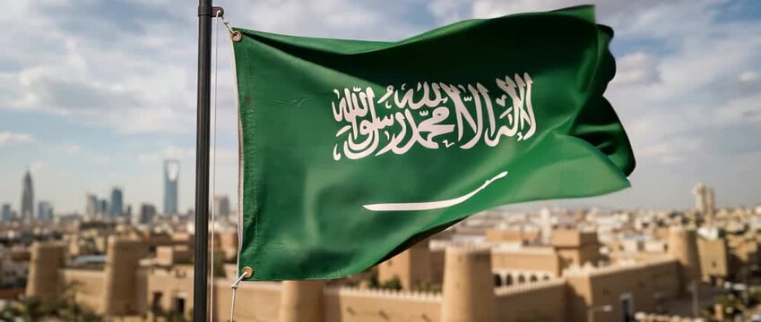 Saudi Arabian national flag featuring the white shahada script and sword waving on a pole above a historic desert cityscape with modern skyline and cloudy sky backdrop
