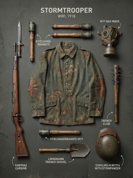 Authentic World War I German Stormtrooper gear from 1918. Flat lay includes Kar98AZ carbine, gas mask, helmet, grenades, and uniform.