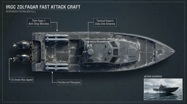 Detailed top-down infographic of the IRGC Zolfaghar Fast Attack Craft, showcasing Nasr-1 missiles, tactical data-link antenna, fiberglass hull & 52 knots speed.