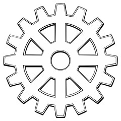 Obraz premium Monochrome vector cogwheel drawing with spokes and gear teeth for engineering, mechanical, or technology illustration