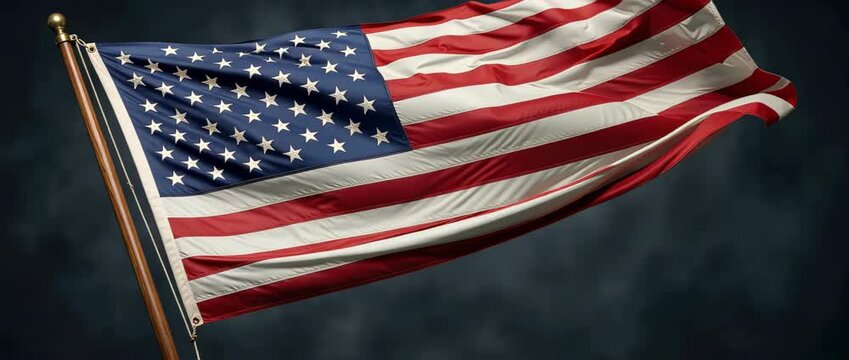 Close-up panoramic view of an American flag waving dynamically on a pole against a moody dark sky, showing rippling stars and stripes and realistic fabric folds across two frames