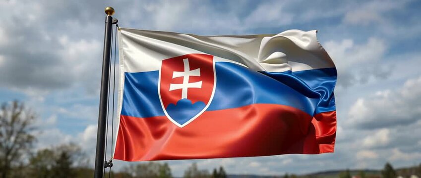 Detailed close-up of the Slovak national flag waving on a flagpole outdoors, the red white and blue tricolor bearing the Slovak coatofarms fluttering in the wind under a cloudy sky