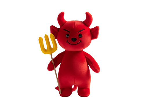 Red devil demon character with horns and pitchfork isolated on transparent background