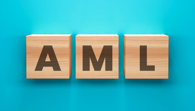 AML Cubes Concept: A minimalist shot presenting the letters 'AML' on wooden cubes, arranged against a vibrant background, signifying a concept of financial regulation.