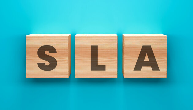 SLA on wooden cubes: The image presents a close-up of three wooden cubes, each bearing a letter to spell out SLA, set against a vibrant blue backdrop.