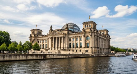 Obraz premium Reichstag building in Berlin, seat of German Parliament with iconic glass dome over Spree river, symbol of democracy, unification, and national history, architectural landmark.