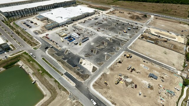 Aerial view of the construction site at Foundry Lane featuring industrial warehouses, heavy machinery, and a retention pond in World Golf Village, Florida, United States.