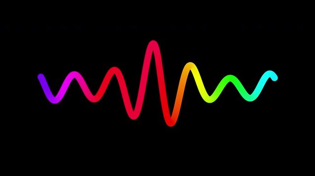 Animated multicolored sine wave flowing on a black background. A seamless looping design element featuring a thick gradient line with purple red green and blue colors