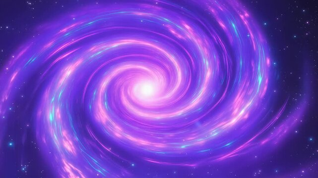 Luminous purple spiral galaxy with a brilliant glowing core and dynamic swirling arms, forming a radiant galactic vortex of nebulae, starlight and cosmic dust
