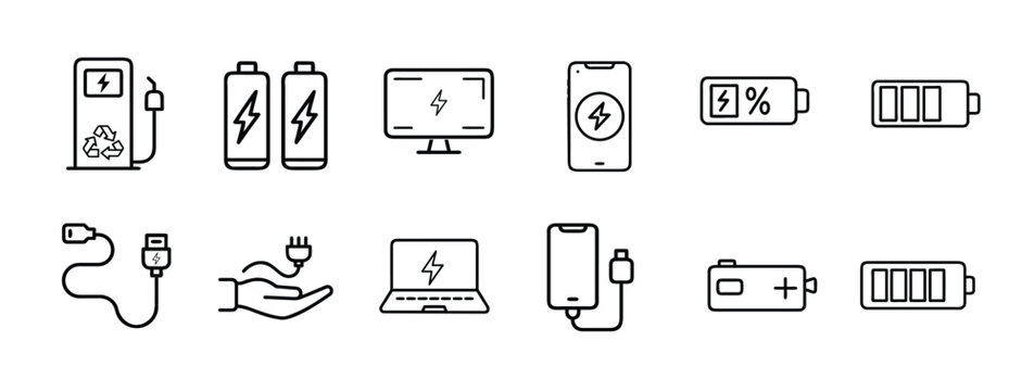 Electronic battery charging web line icons set EV station pump mobile phone charging laptop power battery USB charging cable & more vector illustration with editable stroke.