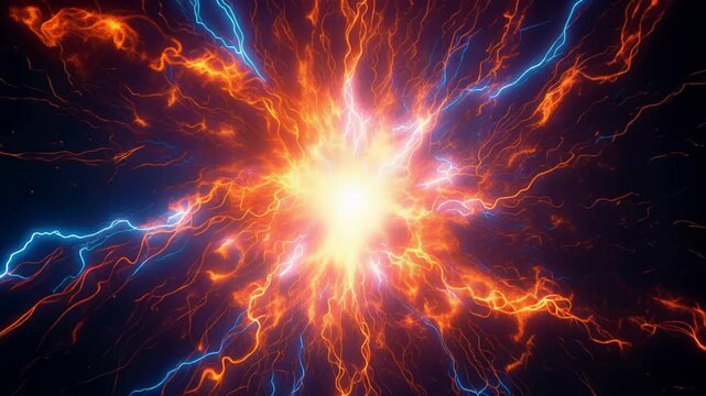 Glowing central energy core unleashing fiery orange plasma and electric blue lightning tendrils in a dramatic cosmic burst resembling an abstract supernova explosion