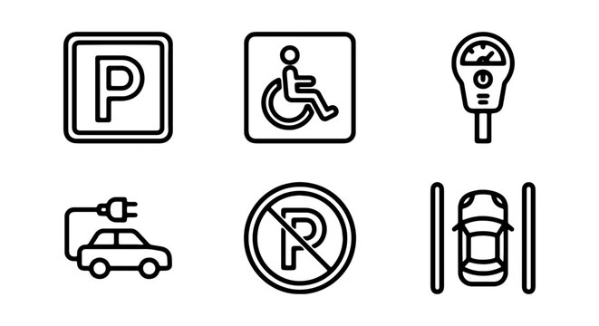 Parking Icons Set: Electric Car, Handicap, Meter, No Parking, Vehicle Spot