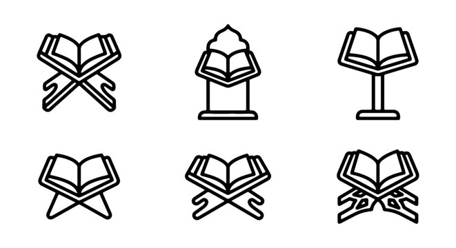 Islamic Holy Book Stands, Quran Rehal Icons, Religious Study Symbols, Vector Set