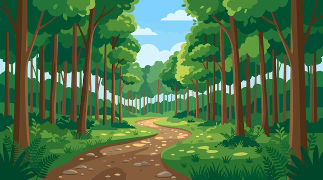 Cartoon forest landscape, green trees, dirt road, sunny scenery, vector illustration