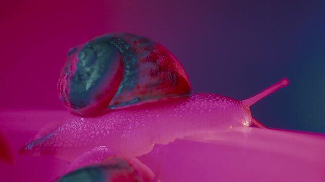 Snail crawls on a surface with colorful lighting in a close-up shot