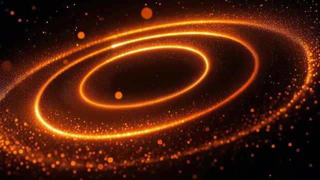 Glowing concentric particle rings forming a luminous orange vortex of floating sparks and light trails, an abstract futuristic energy halo and swirling disk against a dark backdrop