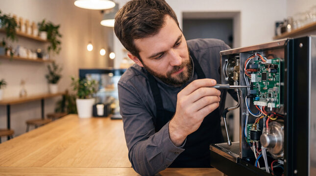 Man technician repairing professional coffee machine with screwdriver. Specialist fixing electronic board of beverage equipment. Maintenance service for cafe and restaurant business concept.