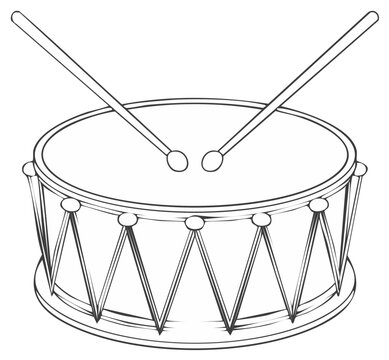 Classic snare drum with a pair of drumsticks resting on top, black and white line art illustration.
