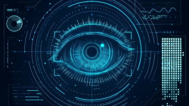 Futuristic neon-blue biometric eye scanner HUD featuring digital iris recognition, circular augmented reality interface and cybernetic data visualization for security surveillance