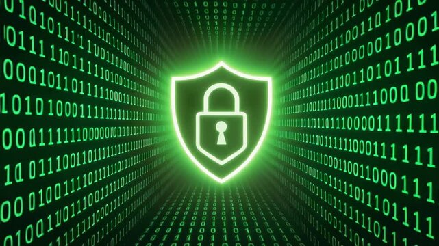 Neon green digital shield and padlock icon set against cascading binary code in a tunnel-like matrix, representing cybersecurity, encryption, data protection, and network privacy.