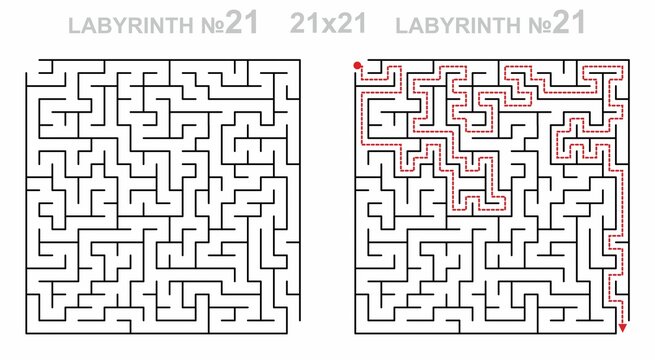Solved maze vector 21x21 with answer key. Square labyrinth for kids activity. Maze challenge with answers. Easy to use.