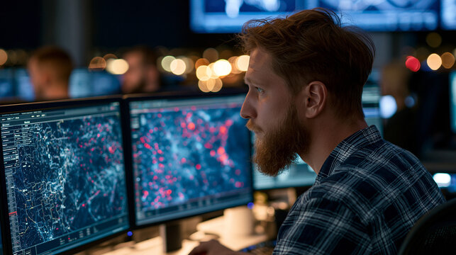 Professional IT Team Conducts Advanced Cybersecurity and Data Analysis in Modern Office Environment at Night