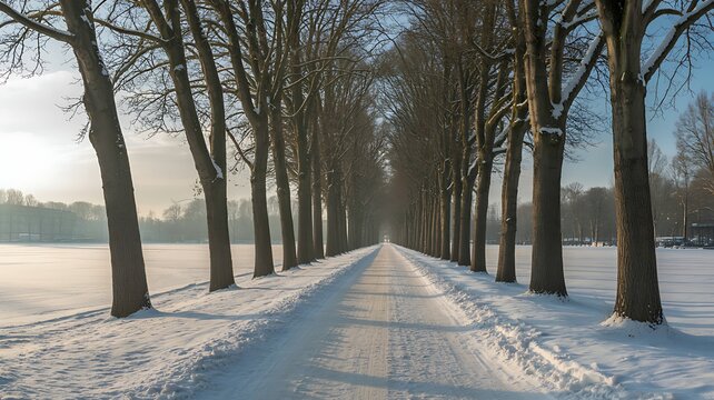 Snowy avenue lined with bare trees in winter sunlight winter landscape season change cold weather landscape deciduous treescape symmetry perspective distance sunlight outdoors countryside