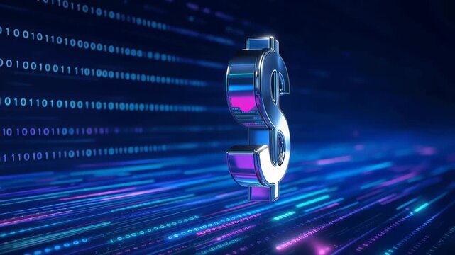 Shiny metallic dollar sign hovering over neon-lit digital data streams and binary code, representing digital finance, virtual currency, fintech and futuristic economic systems