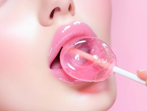 Woman with perfect pink lips holding a lollipop candy