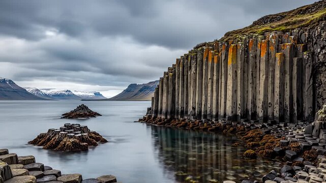 Coastal basalt columns under cloudy sky with mountain and ocean view