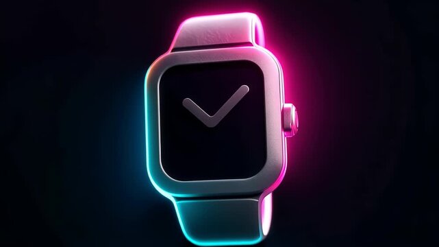 Close-up neon-lit smartwatch with minimalist checkmark display and cyan-magenta glow, showcasing metallic case, silicone strap and futuristic wearable technology design concept