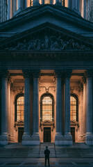 Fototapeta premium Luxurious Nighttime Silhouette: Explore the Illuminated Historic Architecture With Grand Columns and Statues in Urban City Landmarks