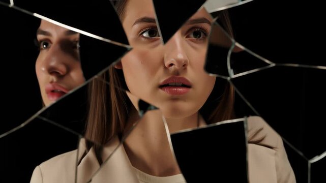 Young woman reflected in shattered mirror fragments with multiple distorted faces and emotional expressions against a dark background, dramatic portrait of identity fragmentation