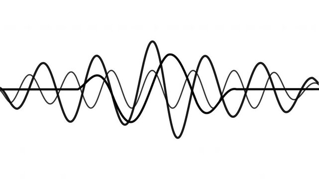 Animated black wave lines oscillating with different frequencies on a white background. A technological or scientific signal visualization element