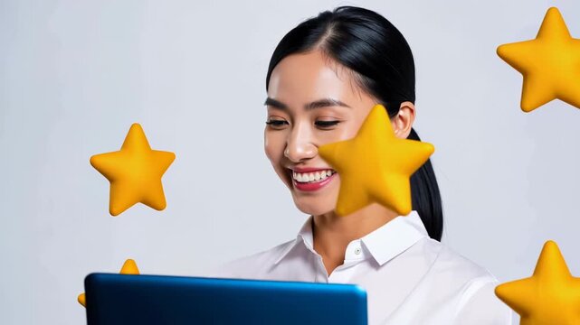 Smiling woman holding a blue laptop surrounded by floating yellow star icons, representing positive online reviews and five-star customer ratings, digital feedback and satisfaction.