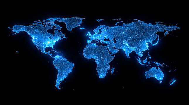 world map, styled with a futuristic and technological theme. The map is laid out in a flat, two-dimensional format, showcasing all continents in a glowing blue color against a dark background.