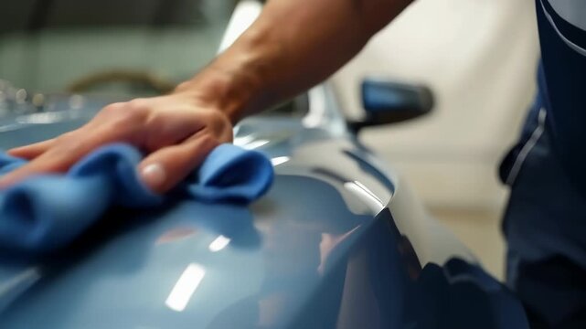 Close-up of hands polishing a glossy blue car hood with a microfiber cloth in an auto detailing workshop, capturing reflections, surface finish, and precise car care technique.
