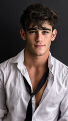 Obraz premium Young man with tousled dark hair, open white shirt, and loose black tie, confident expression, studio portrait, high detail