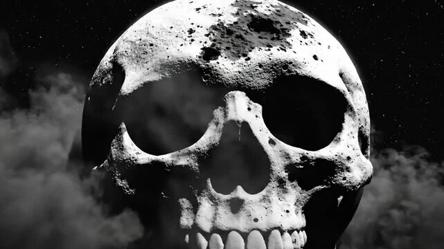 Surreal skull floating in space surrounded by smoke with a starry background for a mysterious or horror theme