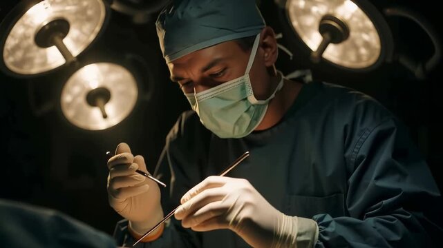 Focused surgeon performing a delicate operation under bright surgical lights in an operating room, wearing scrubs, surgical cap, mask and sterile gloves while using instruments
