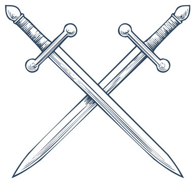 Illustrative two crossed swords represent medieval warfare, historical battles, courage or chivalry etched with dark outline