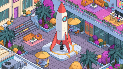 Rocket Launch in a Modern Urban Space: A Whimsical 3D Illustration with Colorful Architecture and Style Elements
