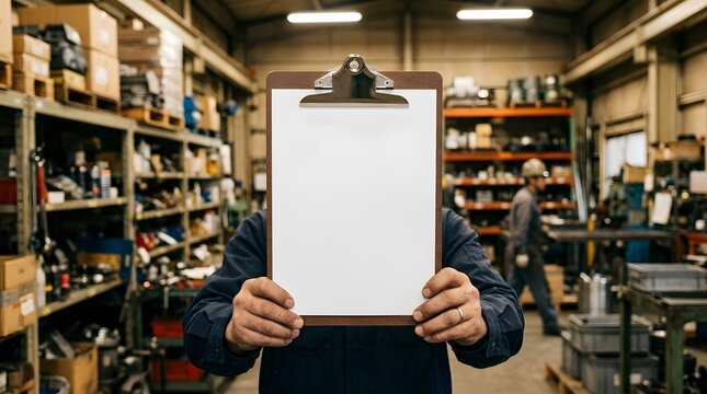 Warehouse worker holding blank clipboard for inventory inspection or logistics documentation