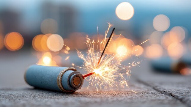 Sparkler ignited on a blue firework with blurred bokeh lights in the background, creating a festive atmosphere for celebrations