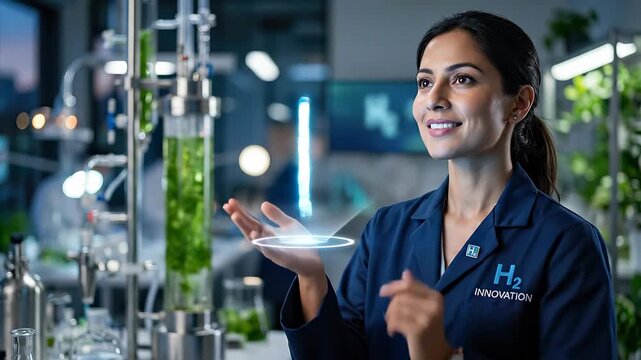 Woman researcher visualizing hydrogen energy molecule, demonstrating clean future power, innovating sustainable element, studying chemical structure, developing scientific technology.