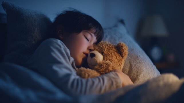 Sleeping child hugging teddy bear in cozy bed at night, soft blue bedroom light, peaceful bedtime scene, cute kid resting under blanket, warm plush toy, calm home interior, dreamy sleep mood