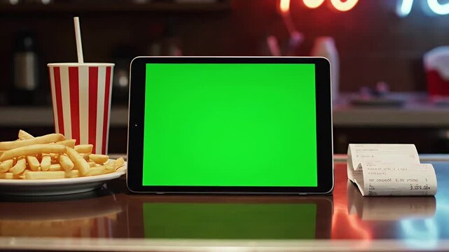 Green screen tablet with fast food.