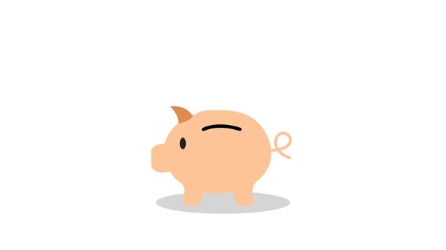 Piggy bank savings animation, falling coin deposit motion graphic, financial growth and investment concept, minimalist 3D money box on Alpha channel