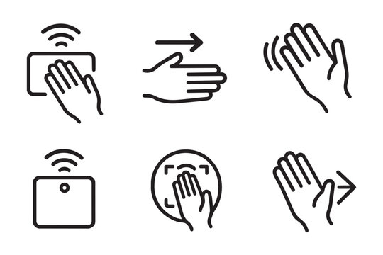 Six black line depicting hand gestures and technology interactions swipe